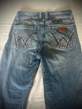 Wrangler Upcycled Patchwork Flare Bell Bottom Jeans, size 5